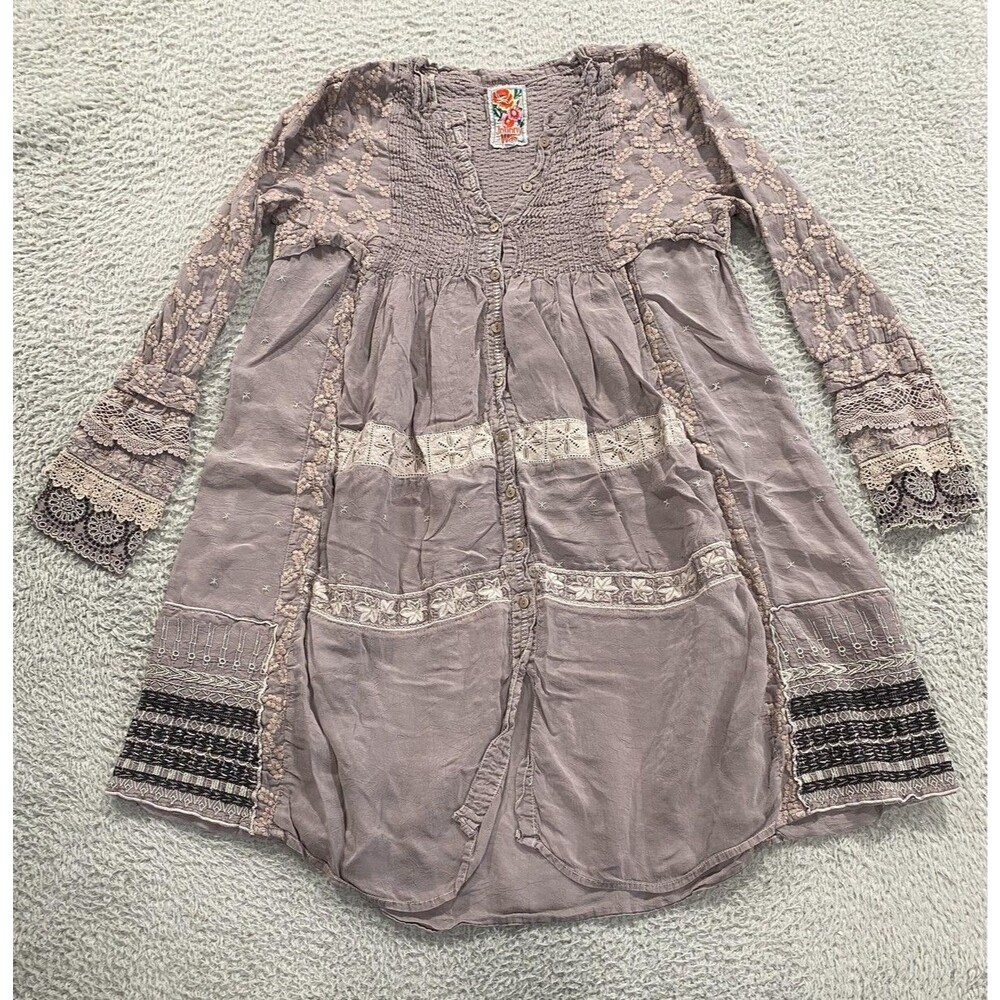 Johnny Was Tunic Shirt Womens Small Mauve Gray Lace Crochet Boho Embroidered